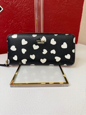 kate spade Black Wallet with White Heart Print